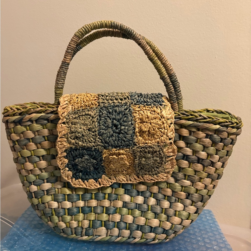 Cappelli Straworld Straw Handbag Aqua Green with Flowers